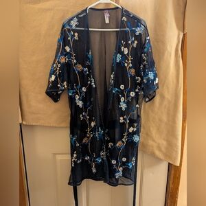 Adore Me Sheer Black Kimono with Floral Embroidery